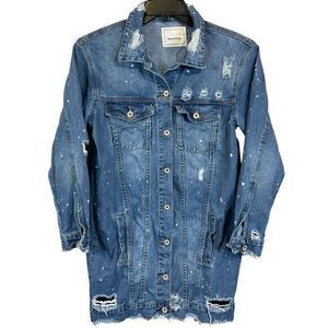 Queen Hearts Womens Long Denim Jacket‎ Blue Size Medium Distressed Grunge Rock